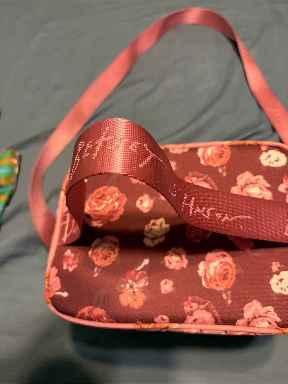 Betsey Johnson Pink Floral lunch Shoulder Bag with Blue Background nwot
